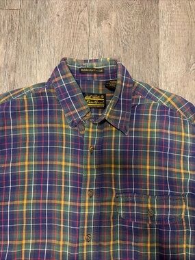 Eddie Bauer Plaid Button-Down Shirt in Blue, Green & Yellow